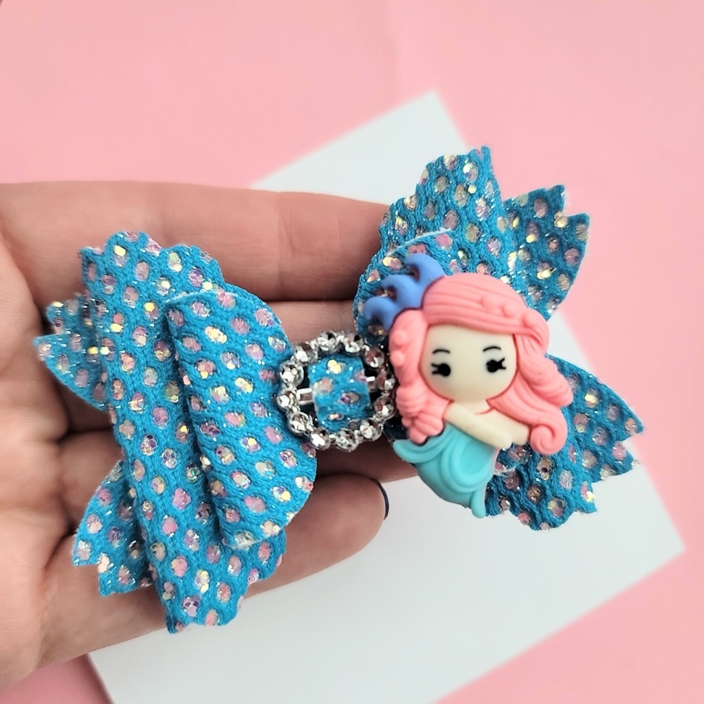 Flower hair bow, Mermaid bow, Blue hair clip, Faux leather bow,